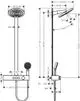 Hansgrohe Duschsystem mit einer Kopfbrause, Handbrause und Thermostat. Diagramm zeigt Abmessungen und Montagepunkte. Klar strukturierte Darstellung der Anschlüsse.